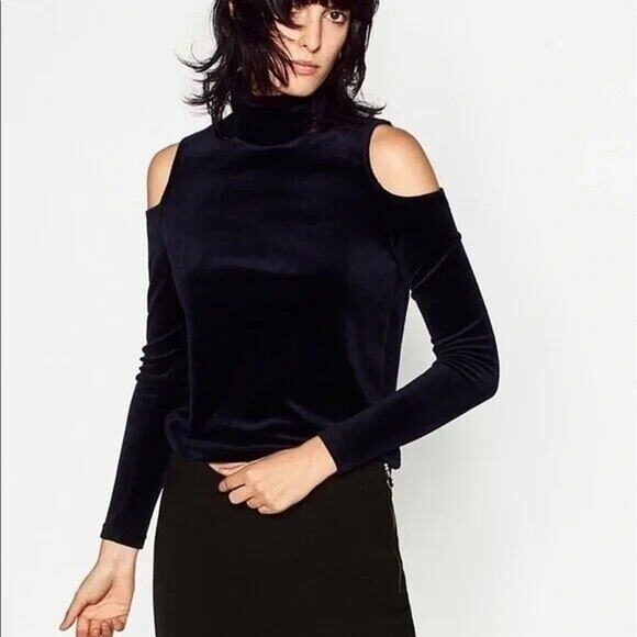 Zara Cold Shoulder Velvet Knit Blouse Mock Neck Top Long Sleeves M Deep Blue - Picture 1 of 15